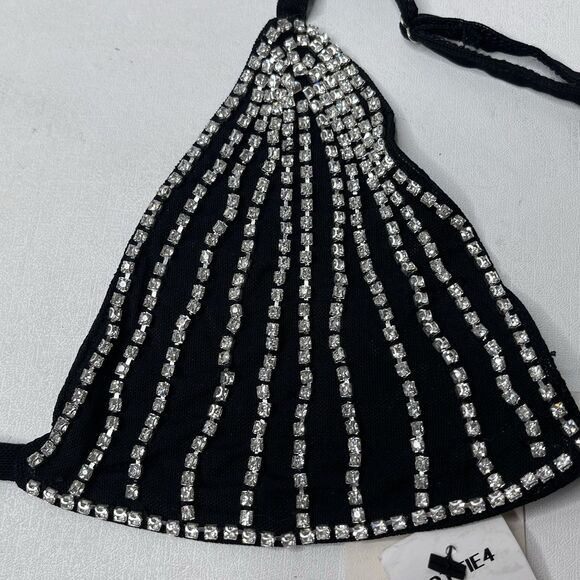 Hot & Delicious Rhinestone Black  Triangle Halter Bikini Top Women’s Size M NWT - Picture 4 of 12